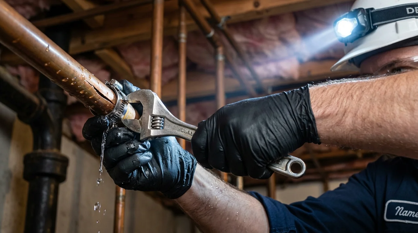 Emergency pipe clamp repair being performed by a Johns Plumbing LLC plumber in Annandale